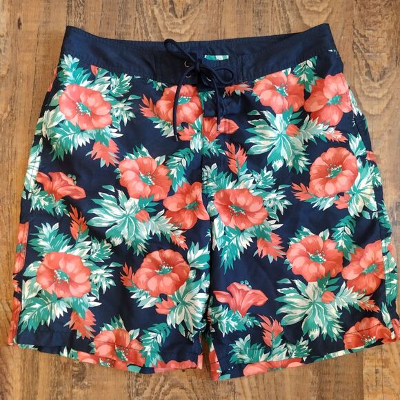 Gap Mens Floral Board Shorts L Navy Blue Hibiscus Aloha Swim Trunks Bathing Suit - Picture 1 of 3